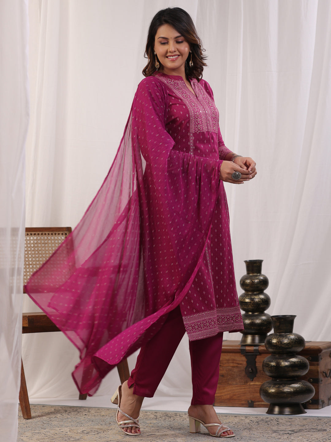 A line style Rayon fabric Magenta color kurta with Bottom and Dupatta