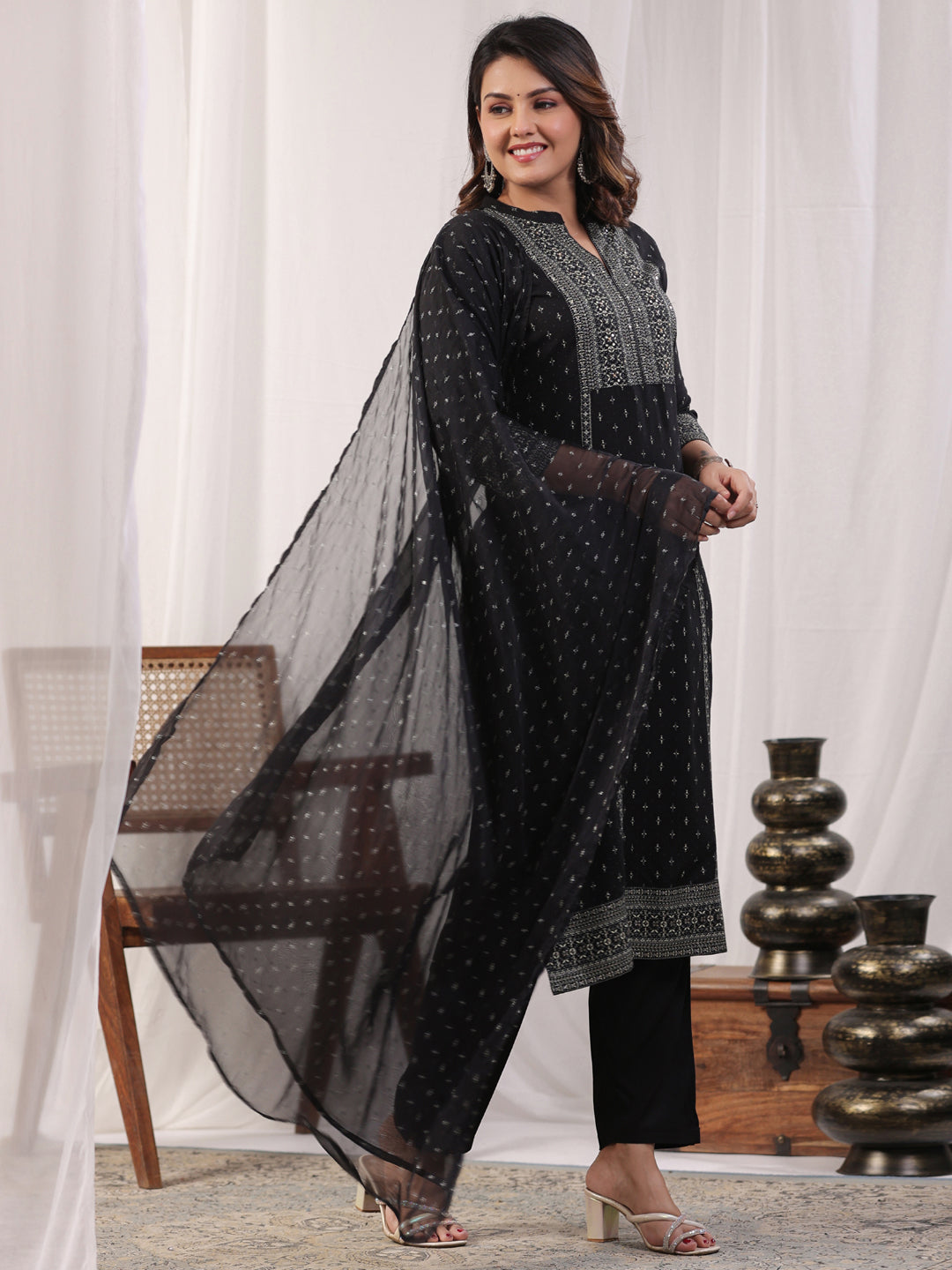 A line style Rayon fabric Black color kurta with Bottom and Dupatta