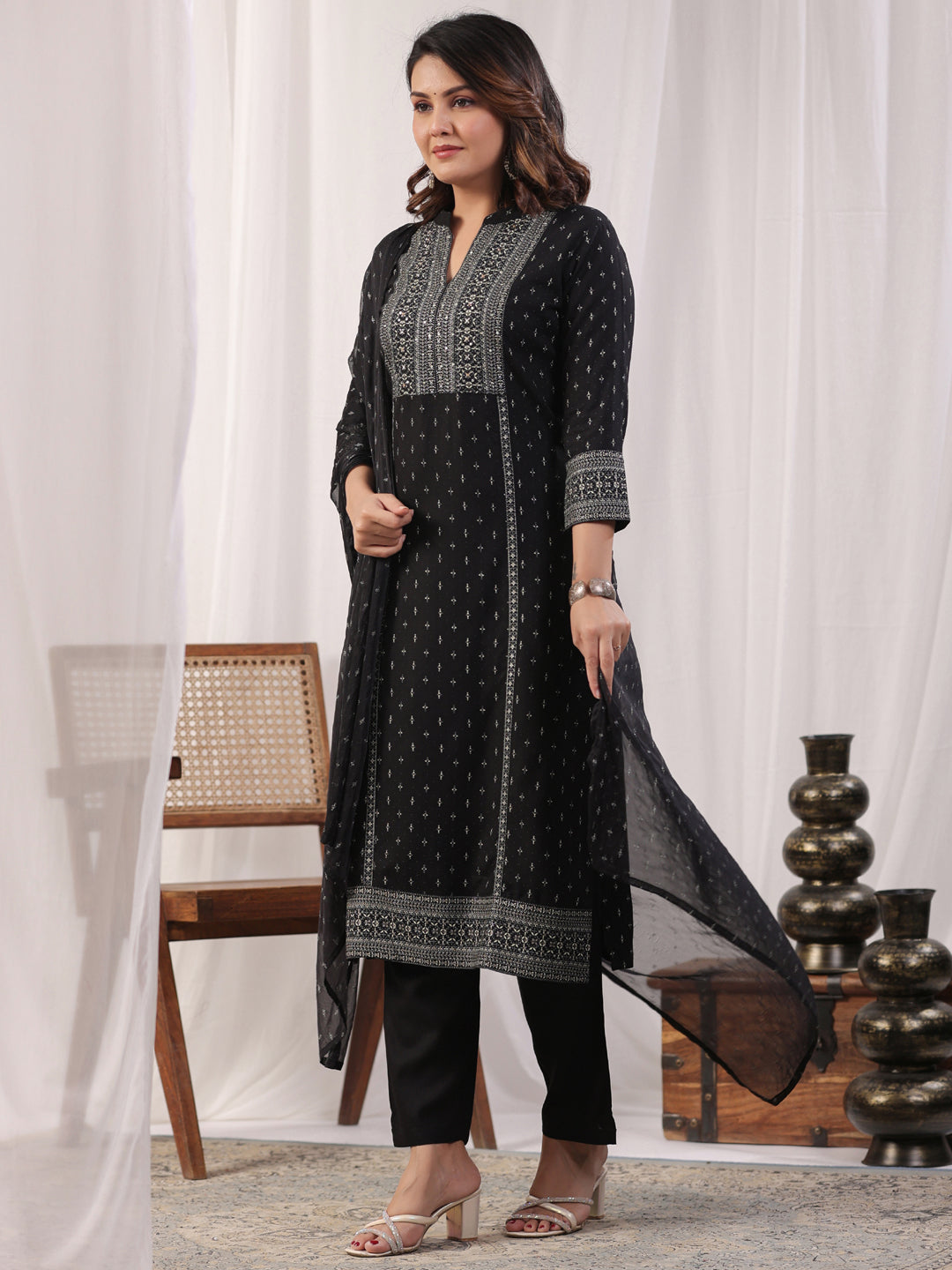 A line style Rayon fabric Black color kurta with Bottom and Dupatta