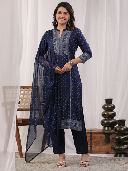 A line style Rayon fabric Navy Blue color kurta with Bottom and Dupatta