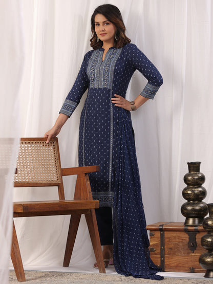 A line style Rayon fabric Navy Blue color kurta with Bottom and Dupatta