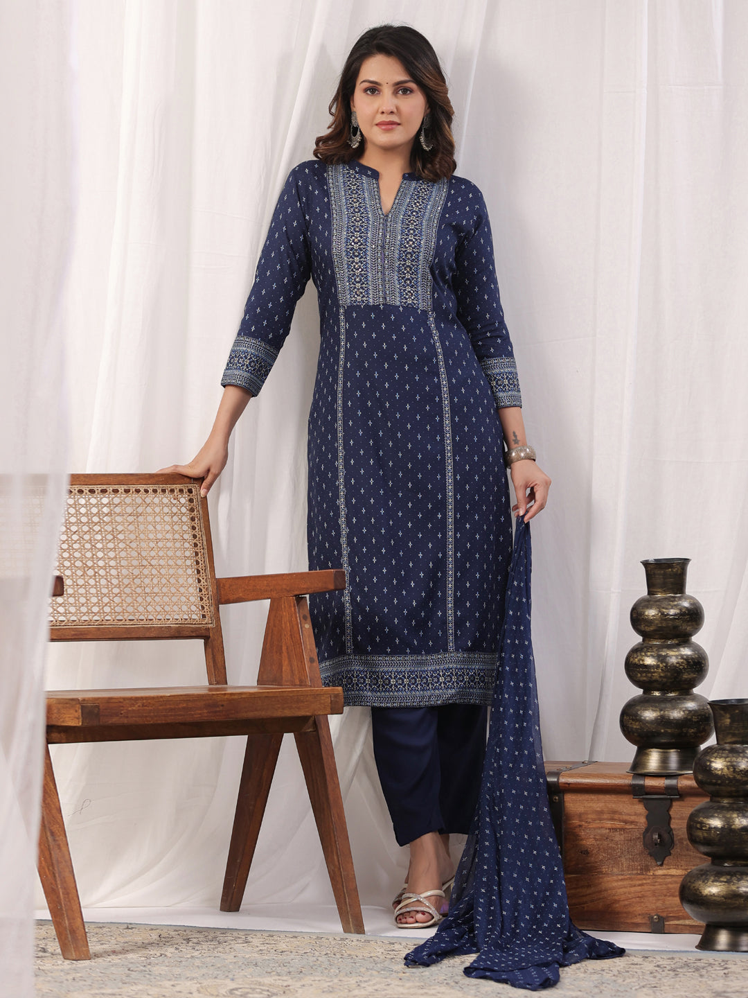 A line style Rayon fabric Navy Blue color kurta with Bottom and Dupatta