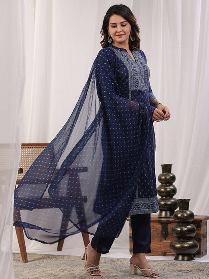 A line style Rayon fabric Navy Blue color kurta with Bottom and Dupatta