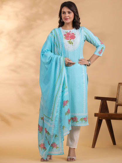 Straight style Cotton fabric Blue color kurta and Bottom with Dupatta