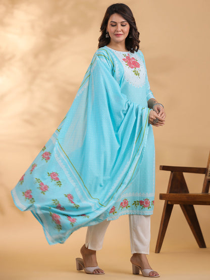 Straight style Cotton fabric Blue color kurta and Bottom with Dupatta