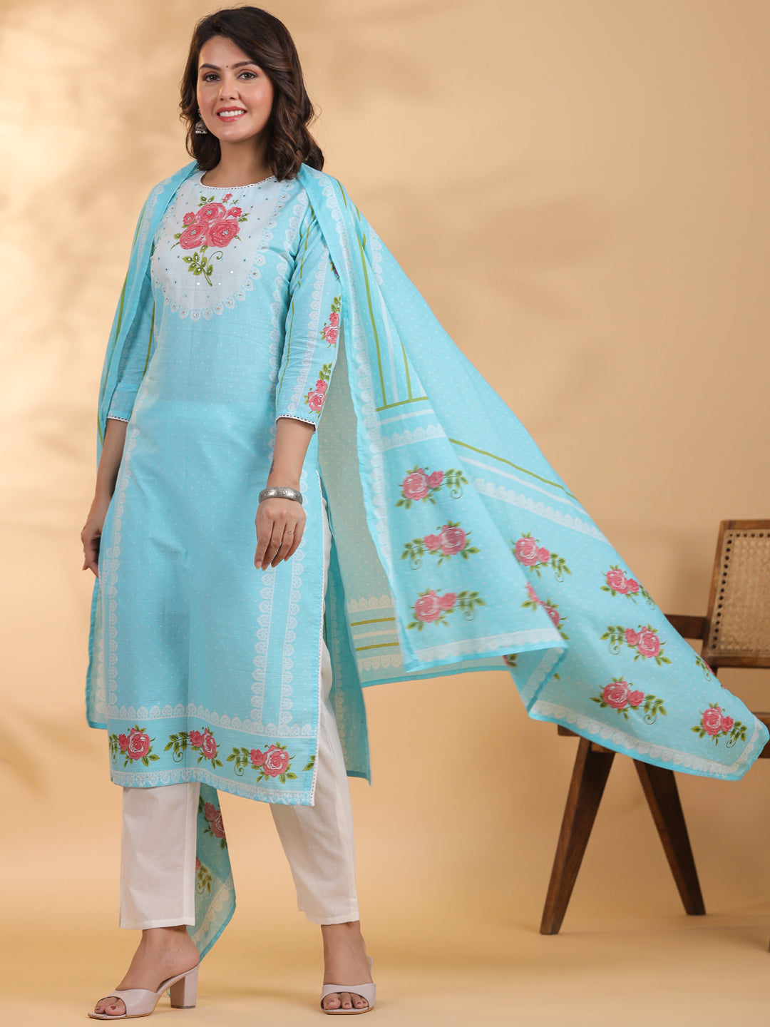 Straight style Cotton fabric Blue color kurta and Bottom with Dupatta