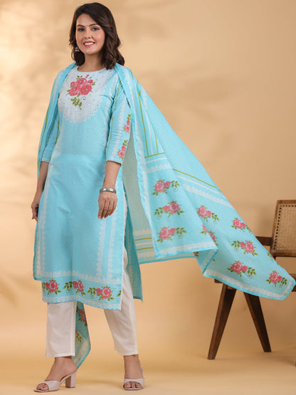 Straight style Cotton fabric Blue color kurta and Bottom with Dupatta