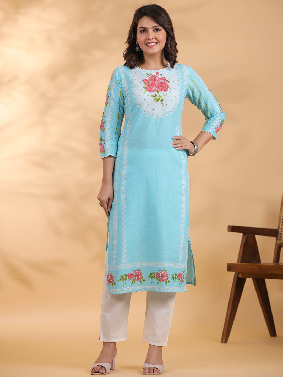 Straight style Cotton fabric Blue color kurta and Bottom with Dupatta