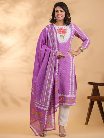 Straight style Cotton fabric Mauve color kurta and Bottom with Dupatta