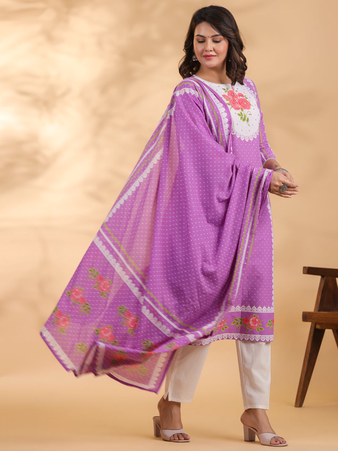 Straight style Cotton fabric Mauve color kurta and Bottom with Dupatta