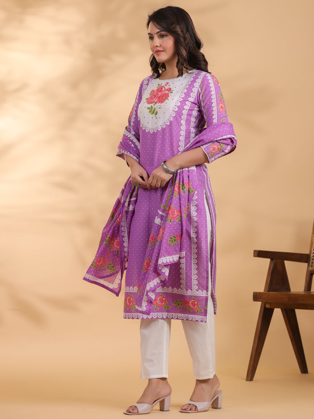 Straight style Cotton fabric Mauve color kurta and Bottom with Dupatta