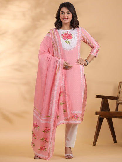 Straight style Cotton fabric Pink color kurta and Bottom with Dupatta