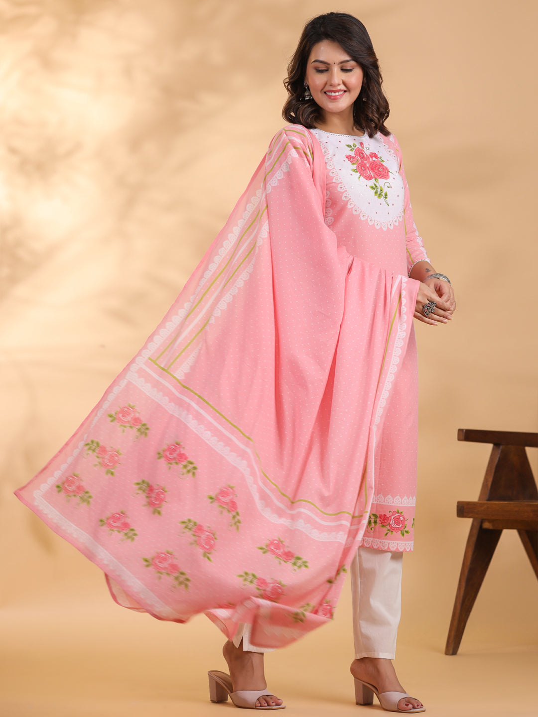 Straight style Cotton fabric Pink color kurta and Bottom with Dupatta