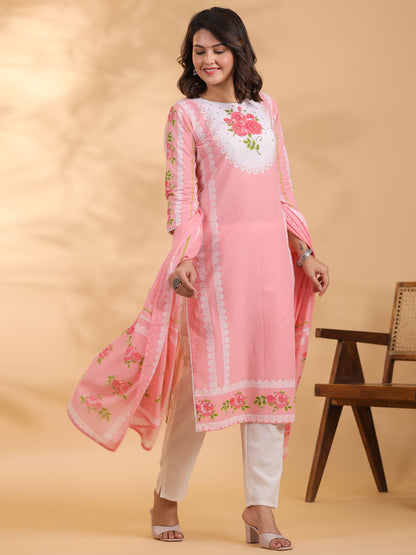 Straight style Cotton fabric Pink color kurta and Bottom with Dupatta