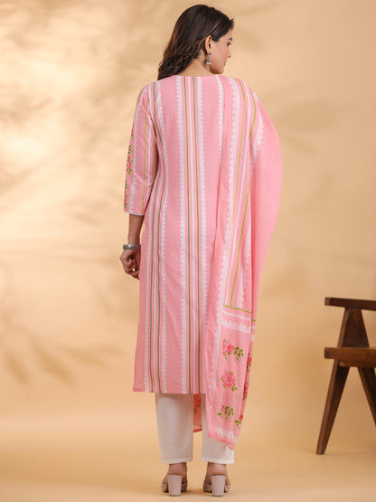 Straight style Cotton fabric Pink color kurta and Bottom with Dupatta