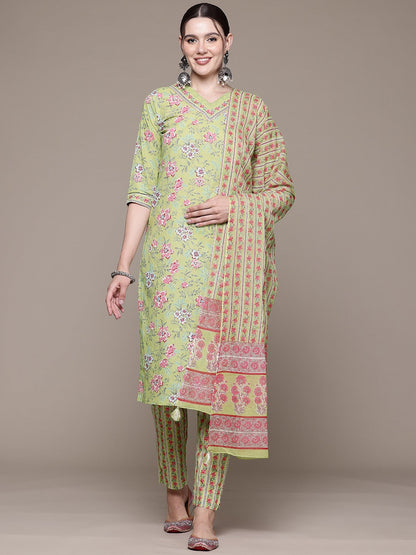 Straight style Cotton fabric Green color kurta with Bottom and Dupatta