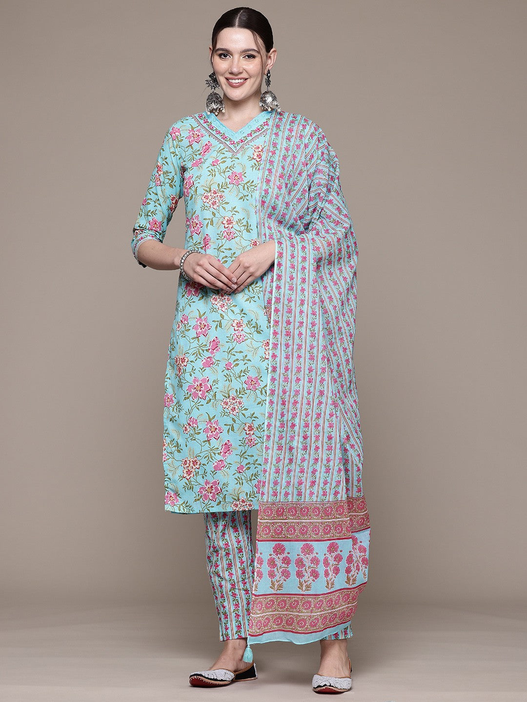 Straight style Cotton fabric Blue color kurta with Bottom and Dupatta