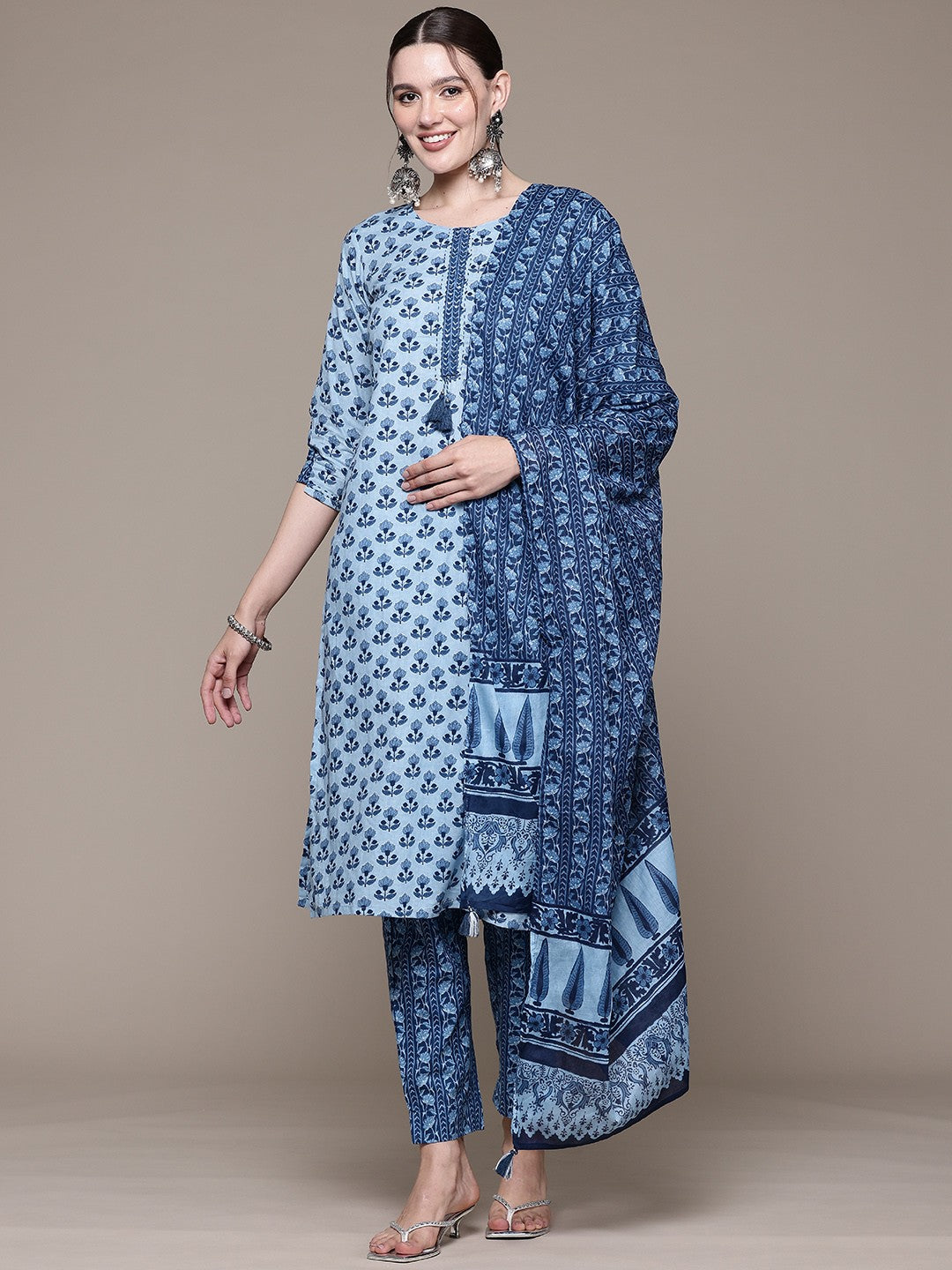 Straight style Cotton fabric Navy Blue color kurta with Bottom and Dupatta