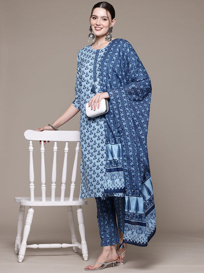 Straight style Cotton fabric Navy Blue color kurta with Bottom and Dupatta