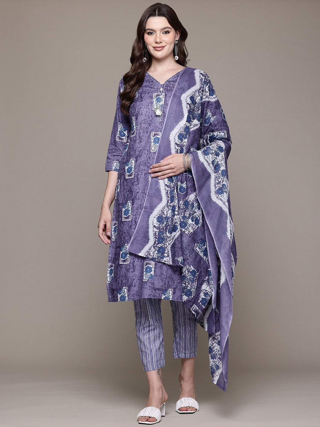 Straight style Cotton fabric Navy Blue color kurta with Bottom and Dupatta