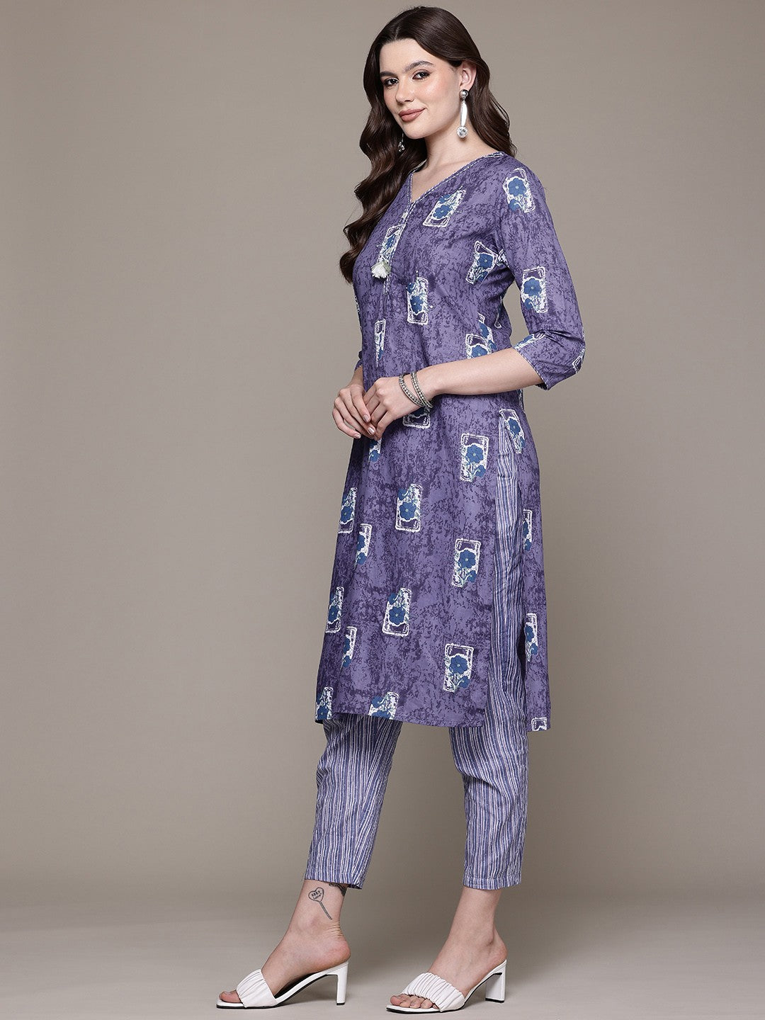 Straight style Cotton fabric Navy Blue color kurta with Bottom and Dupatta