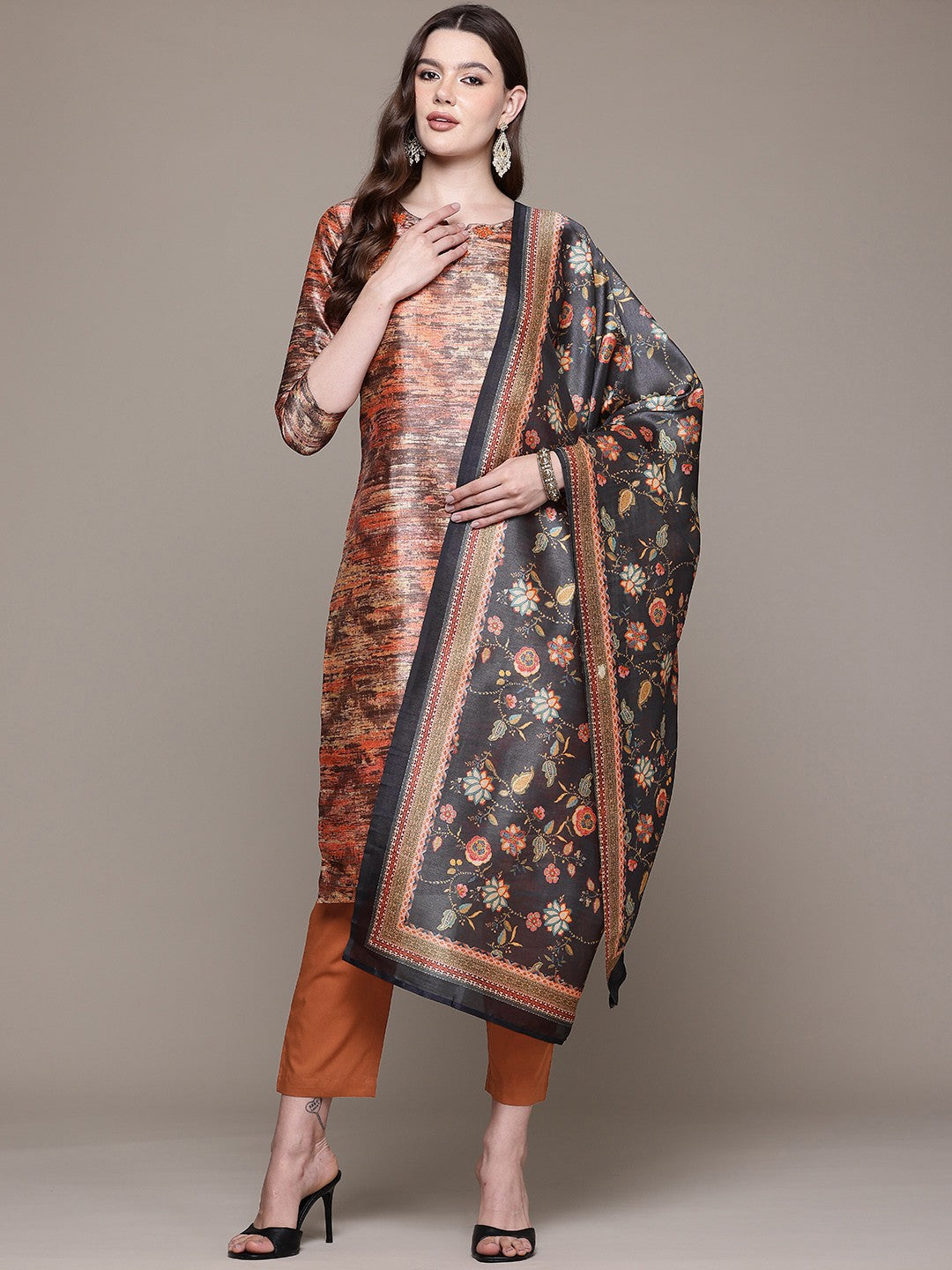 Straight style Silk fabric Brown color kurta with Bottom and Dupatta