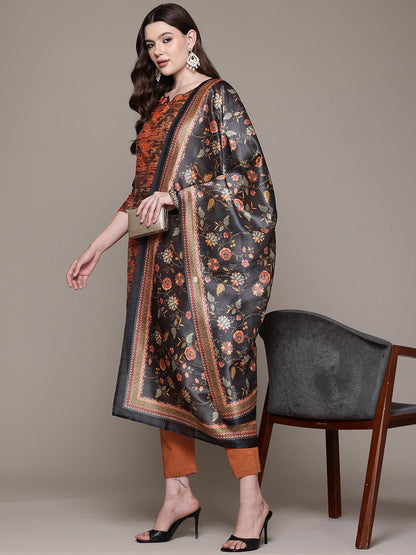 Straight style Silk fabric Brown color kurta with Bottom and Dupatta