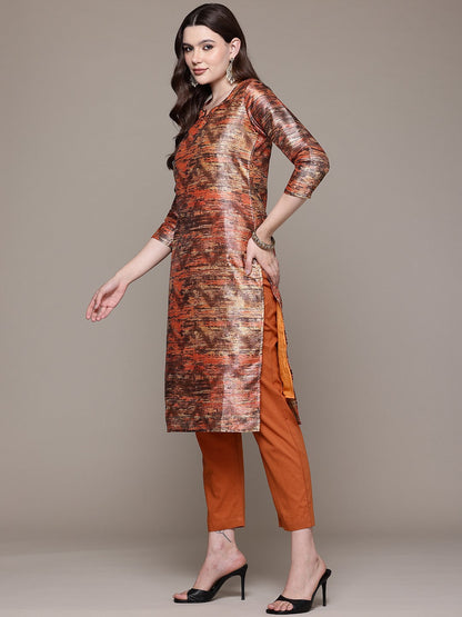 Straight style Silk fabric Brown color kurta with Bottom and Dupatta