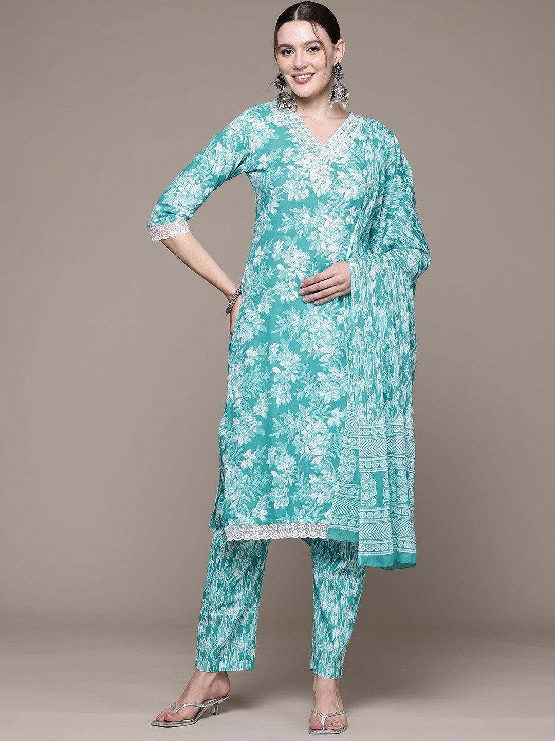 Straight style Cotton fabric Turquoise Blue color kurta with Bottom and Dupatta