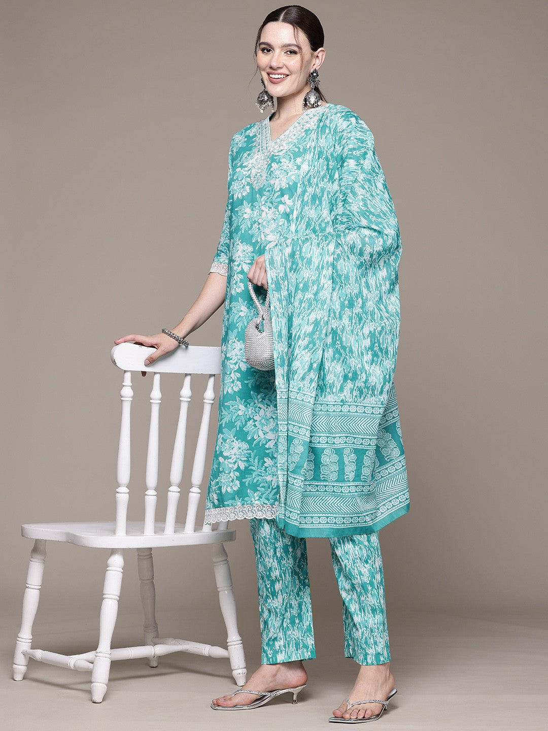 Straight style Cotton fabric Turquoise Blue color kurta with Bottom and Dupatta