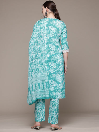 Straight style Cotton fabric Turquoise Blue color kurta with Bottom and Dupatta