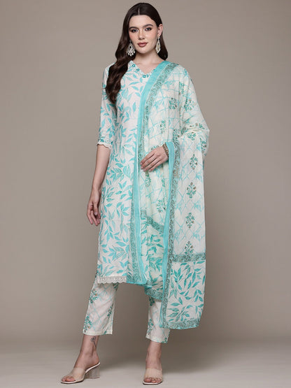 Straight style Cotton fabric Turquoise Blue color kurta with Bottom and Dupatta