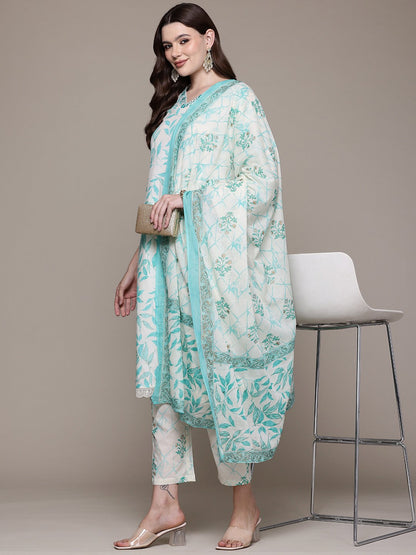 Straight style Cotton fabric Turquoise Blue color kurta with Bottom and Dupatta