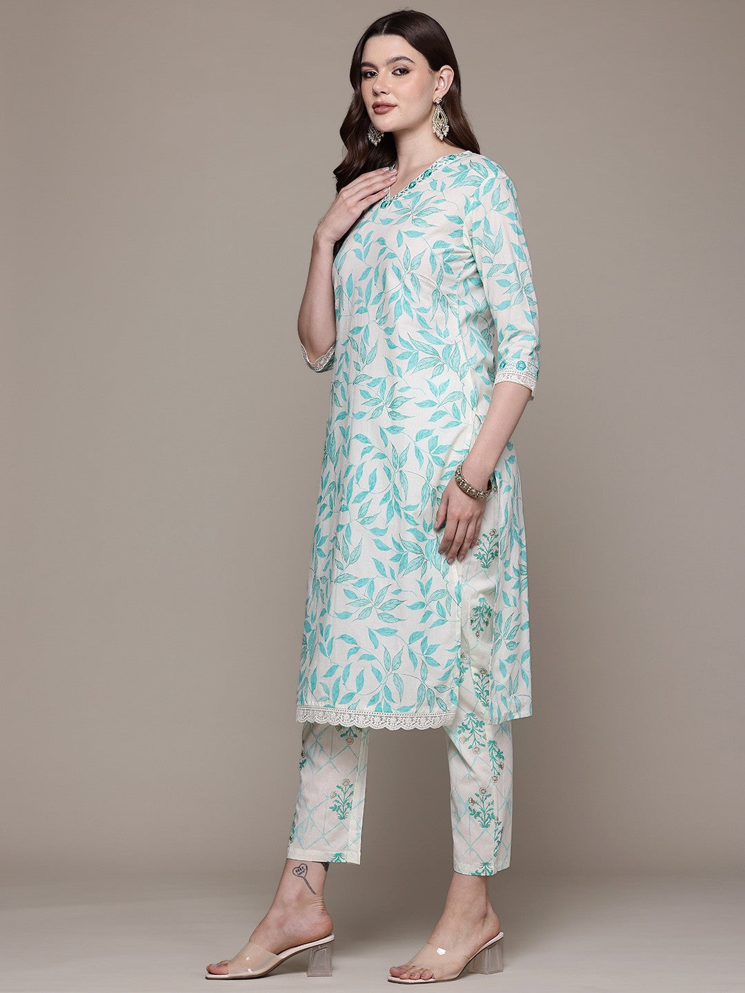 Straight style Cotton fabric Turquoise Blue color kurta with Bottom and Dupatta