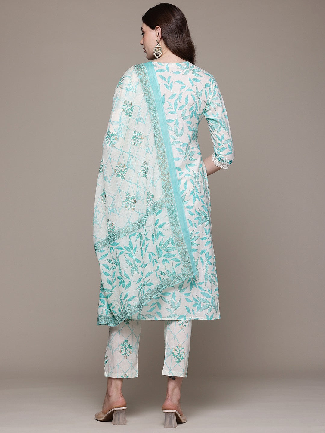 Straight style Cotton fabric Turquoise Blue color kurta with Bottom and Dupatta