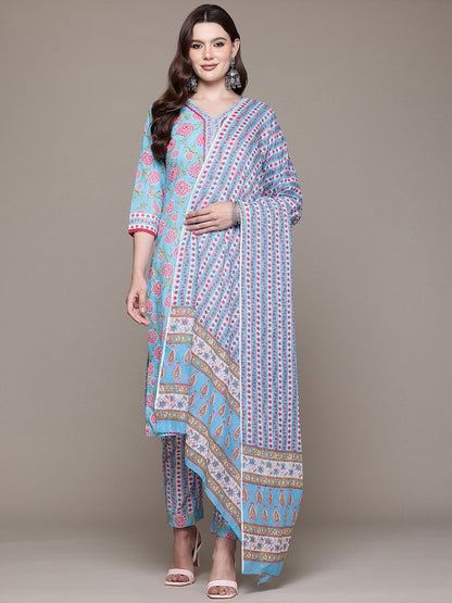 Straight style Cotton fabric Blue color kurta with Bottom and Dupatta