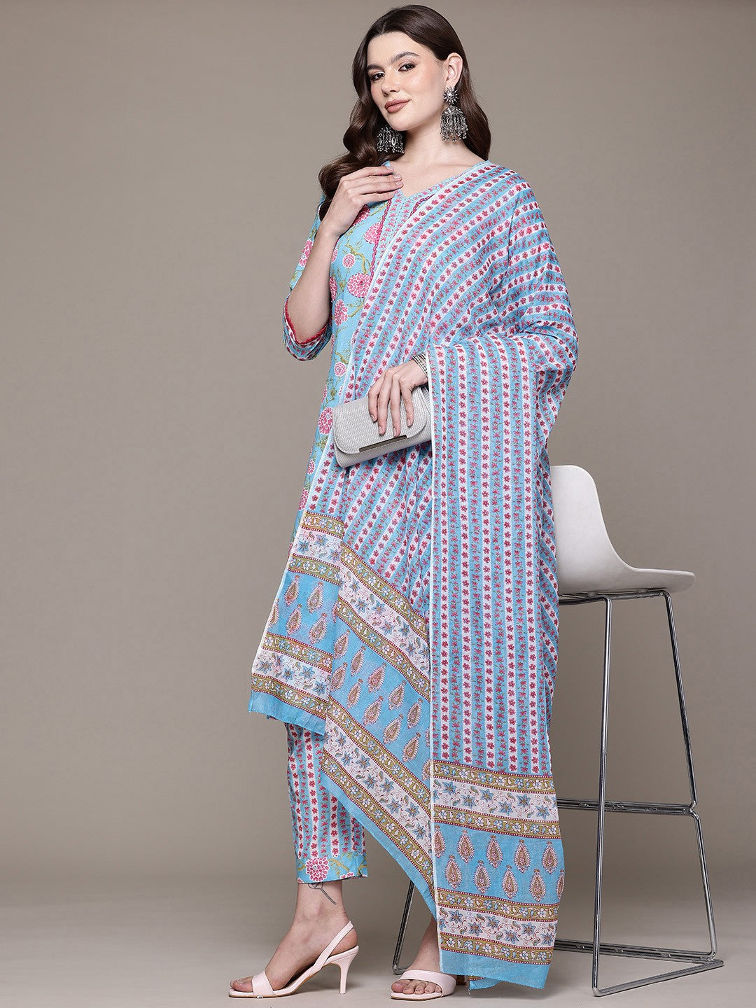 Straight style Cotton fabric Blue color kurta with Bottom and Dupatta