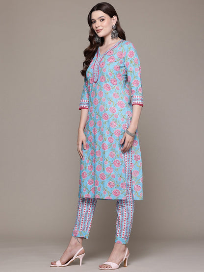 Straight style Cotton fabric Blue color kurta with Bottom and Dupatta