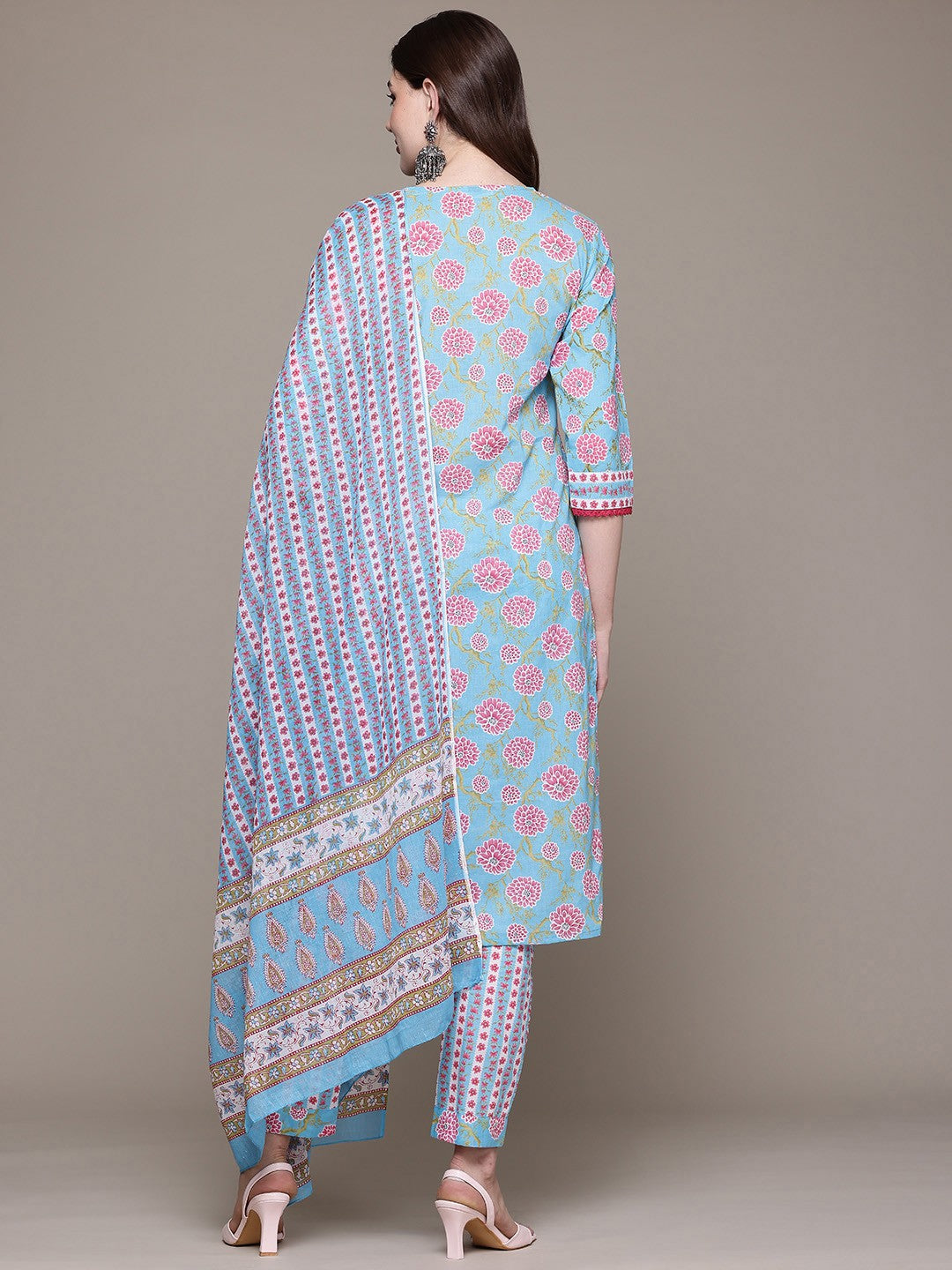 Straight style Cotton fabric Blue color kurta with Bottom and Dupatta