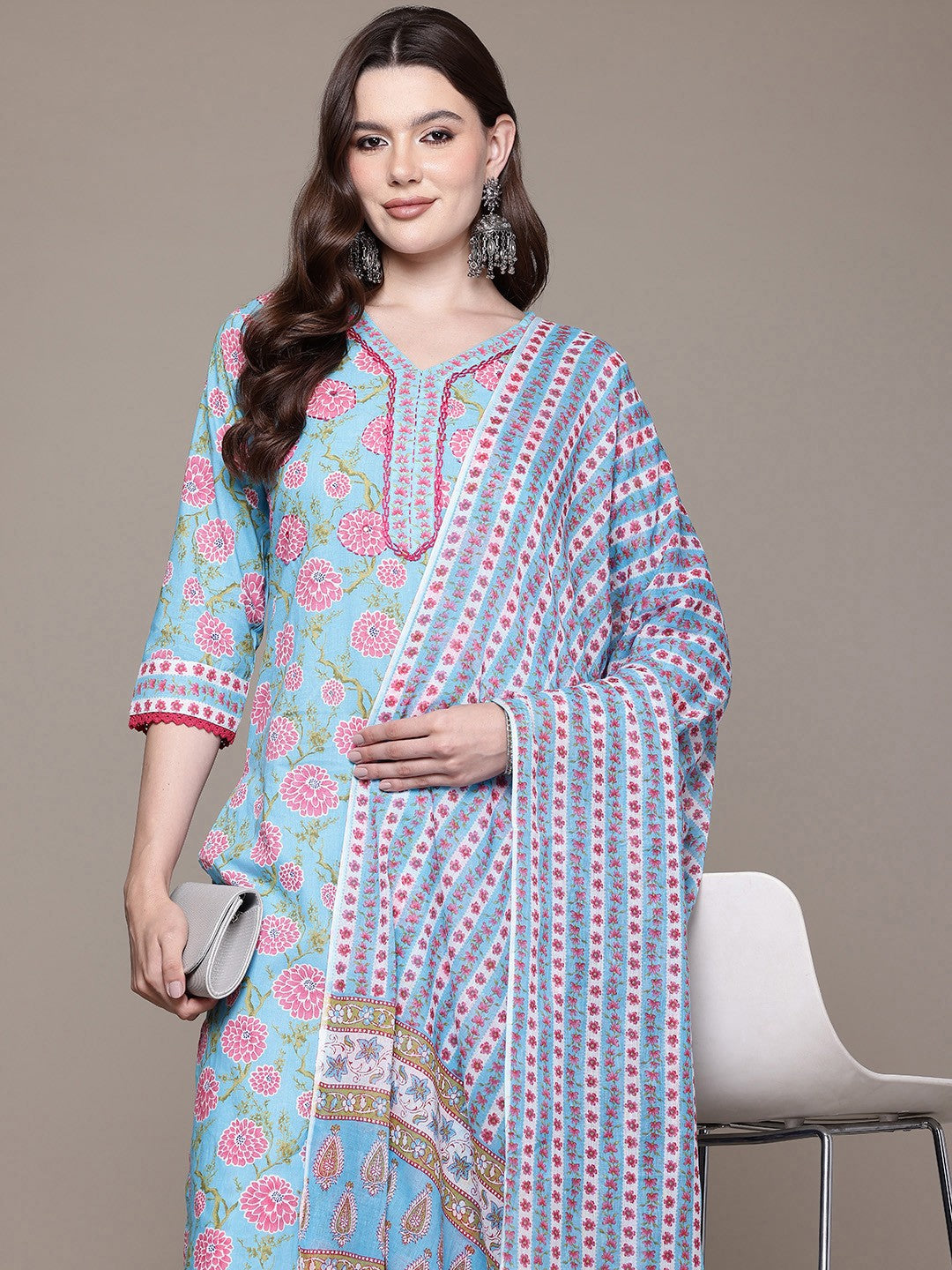 Straight style Cotton fabric Blue color kurta with Bottom and Dupatta