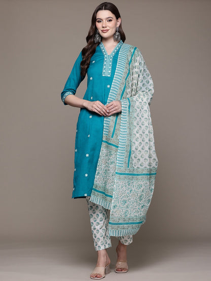 Straight style Cotton fabric Teal color kurta with Bottom and Dupatta