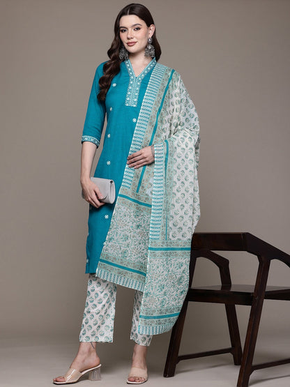 Straight style Cotton fabric Teal color kurta with Bottom and Dupatta