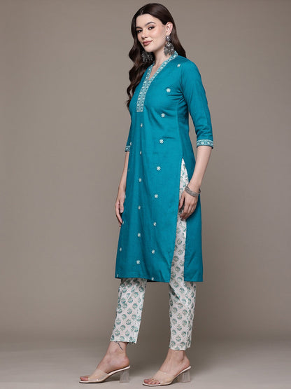 Straight style Cotton fabric Teal color kurta with Bottom and Dupatta