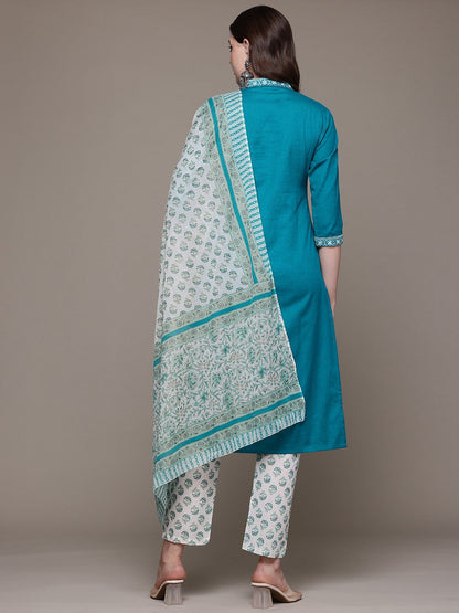 Straight style Cotton fabric Teal color kurta with Bottom and Dupatta