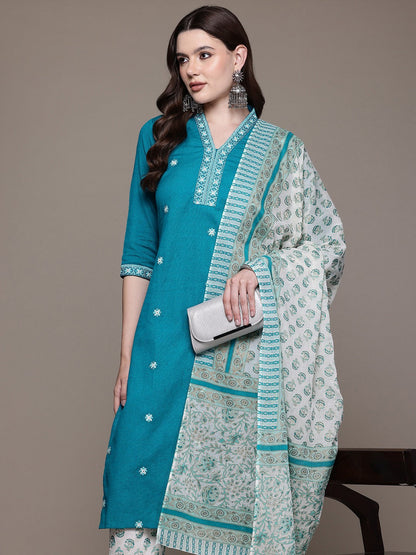 Straight style Cotton fabric Teal color kurta with Bottom and Dupatta