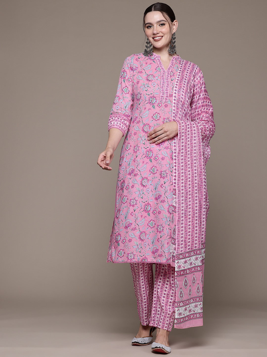 Straight style Cotton fabric Pink color kurta with Bottom and Dupatta