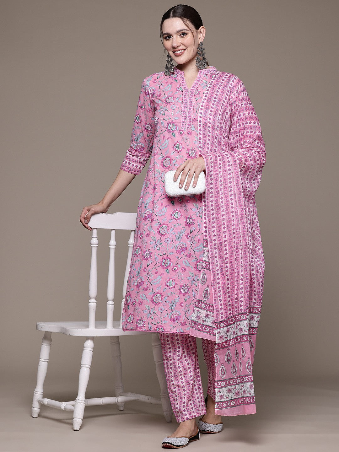 Straight style Cotton fabric Pink color kurta with Bottom and Dupatta