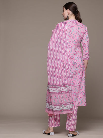 Straight style Cotton fabric Pink color kurta with Bottom and Dupatta