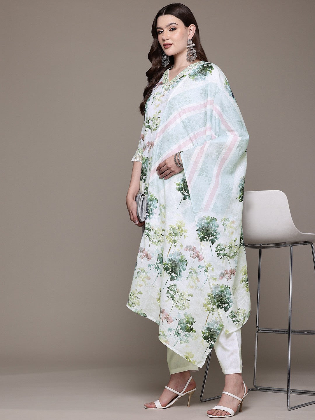 Straight style Linen fabric Multi color kurta with Bottom and Dupatta