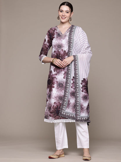 Straight style Linen fabric Violet color kurta with Bottom and Dupatta